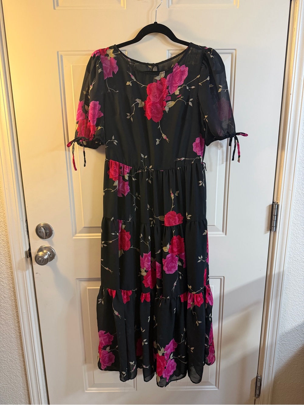 Betsey Johnson Black Floral Sheer Tiered Midi Dress Size 6